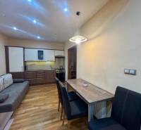 Kitchen corner with dining area in a studio apartment with a wood-patterned floor.