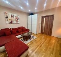 A one-room apartment with a red sofa, art on the wall, and a wood-patterned floor.