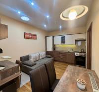 Living room with kitchen, wooden decor flooring, which characterize a studio apartment.
