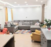 A living room in a three-room apartment with a wooden decor floor, a gray sofa, and a yellow armchair.