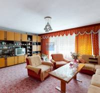 Living room in a family house with a sofa set, a living room wall unit, and flowers.