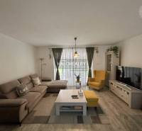 Living room in a family house with a sofa, armchair, television, and flowers.