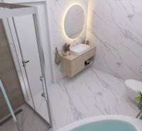 Bathroom with a rectangular mirror, glass shower enclosure, and toilet, floor with wood decor.