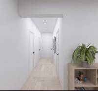 Hallway in a family house with shelves, a plant, and a wooden decor floor.