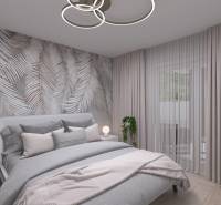 Bedroom with wood-patterned flooring, a plant, and curtains in a family house.