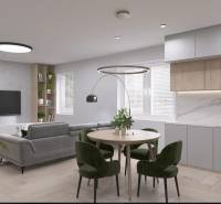 Living room in a family house with a kitchen, armchairs, and a wooden decor floor.