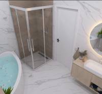 A bathroom in a family house with a bathtub, a shower, and a sink on a white countertop.