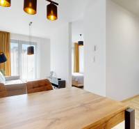 Interior of a 2-room apartment with a sofa, dining table, and kitchen, wooden decor flooring.