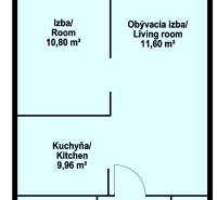 Floor plan of a 2-room apartment: living room, kitchen, room, bathroom, toilet, balcony.