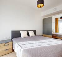Bedroom with a large bed, mirrored wardrobe, and wood-patterned flooring in a 2-room apartment.