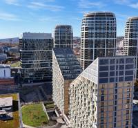 Panorama of Bratislava - Old Town, Bottova, with high-rise residential buildings and green roofs.