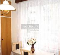 A kitchen in a 3-room apartment with a refrigerator and a table with flowers in a vase.