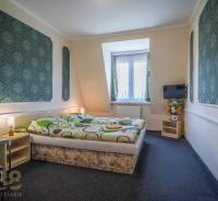 A room with a double bed, carpeted floor, television, chair, and decorations in hotels and guesthouses.