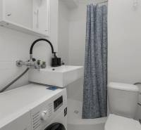 Compact bathroom in a studio apartment with a washing machine and a shower with a patterned curtain.