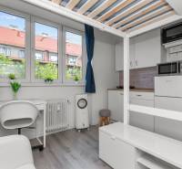 A studio apartment with wood-patterned flooring, a desk, and a kitchen with a microwave.