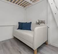 Bright studio apartment with a sofa, blue cushions, wooden decor, and a zebra.