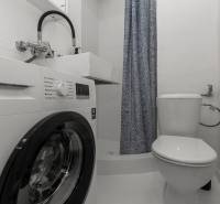Compact bathroom in a studio apartment with a shower, washing machine, and toilet.