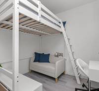 Studio apartment with a loft bed, sofa, table, and white furniture, floor with wood decor.