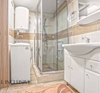 A bathroom in a family house with a washing machine, a shower cabin, and a floor with a wooden decor.