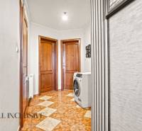 A hallway with a washing machine, a wooden decor floor, and wooden doors in a family house.