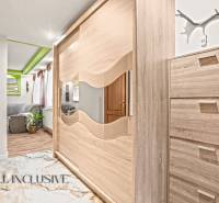 In the family house, you can see a wardrobe with a mirror and a floor with a wooden decor.