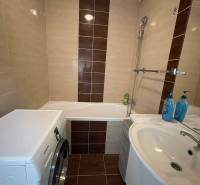 Bathroom in a studio apartment with a bathtub, washing machine, and sink, brown tiles.
