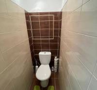 Bathroom section of a studio apartment with stylish tiles and a toilet.