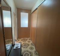 In the hallway of the one-room apartment, there is a mirror, a wardrobe, and patterned tiles.