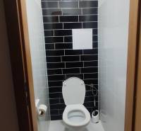 A toilet with black tiles in a 3-room apartment, complemented by white sanitary equipment.