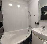 A bathroom of a 3-room apartment with a shower, a bathtub, and white tiles.