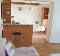 Living room with a sofa, bar counter, and wooden decor flooring in a two-room apartment.