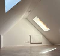Attic room with wood-patterned flooring and skylights in a 3-room apartment.