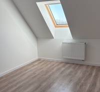 Attic room with a wooden decor floor and a skylight in a 3-room apartment.