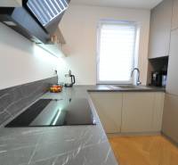A family house kitchen with a cooktop, sink, and a wooden decor floor.