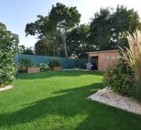 The garden of a family house on Ďuríčkova Street in Miloslavov with a wooden shelter and greenery.