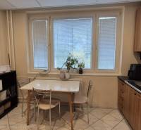 Kitchen of a 3-room apartment with a dining table, kitchen unit, and microwave.