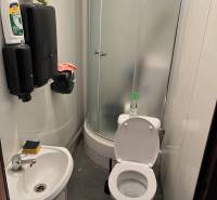 A small bathroom with a shower, sink, and toilet in warehouses and halls.