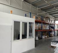 Warehouses and halls with shelves, goods, and a forklift.