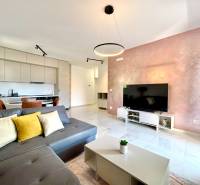 Living room in a studio apartment with a kitchen, gray sofa, television, and dining area.