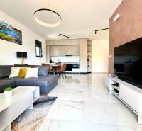 Living room of a one-room apartment with a sofa, TV, and a kitchenette with seating.