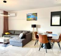 Living room in a studio apartment with wood-patterned flooring, a sofa set, and a dining table.