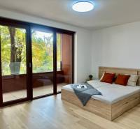 1-bedroom apartment with large windows, wood-patterned flooring, a balcony, and a bed.