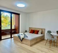 1-bedroom apartment with a bed, table, and floor with a wood decor.