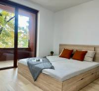 A bedroom with a large window, a bed, and a wooden decor floor in a studio apartment.