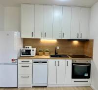 A kitchen with white cabinets, a black sink, and appliances in a studio apartment.
