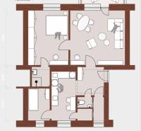 Floor plan of Pavlovova, 3-room apartment with kitchen, bathroom, living room, and bedrooms.