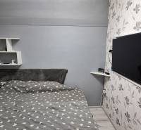 Bedroom in a 3-room apartment with a television, floral wallpaper, and shelves.