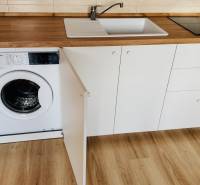 Kitchen unit with a sink and a washing machine in a studio apartment, floor with wood decor.
