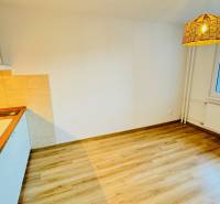A kitchen in a studio apartment with a wood-patterned floor and a view from the window.
