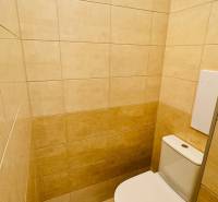 A toilet with beige tiles in a studio apartment.